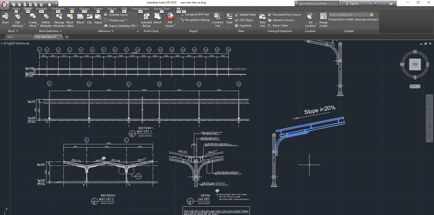 File cad bản vẽ mái che ô tô, xe máy, bãi xe ngoài trời